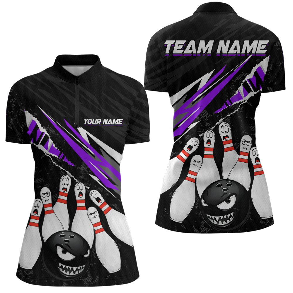 Custom Purple Funny Bowling Jersey for Women Bowling Uniform Polo & 1/4 Zip Bowling Team Shirts HNT128