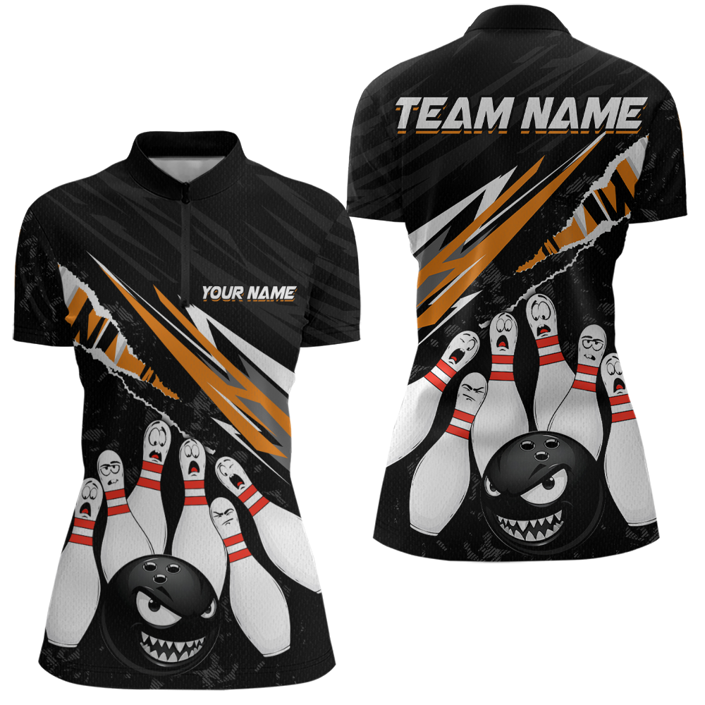 Custom Orange Funny Bowling Jersey for Women Bowling Uniform Polo & 1/4 Zip Bowling Team Shirts HNT128