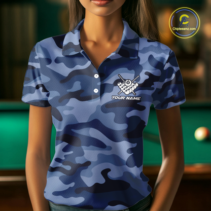 Custom Blue Camo 8 Ball Billiard Shirts for Women Billiard League Billiard Team Shirts NNT106