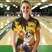 Load image into Gallery viewer, Person wearing a bowling shirt with a bulldog design in a bowling alley.