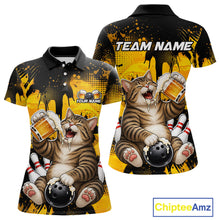 Load image into Gallery viewer, Two polo shirts with a cat design holding bowling balls and beer mugs on a yellow and black background. 'Team Name' text is visible.