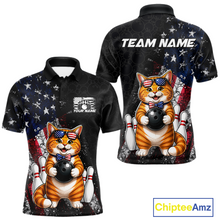 Load image into Gallery viewer, Men polo shirt with a cat bowling design on a black background, featuring American flags and text.