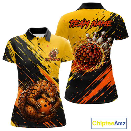 Front and back views of a short-sleeve polo shirt with a bold yellow, black, and orange graphic design featuring a pangolin and bowling pins, with 'TEAM NAME' printed on the back. A 'ChipteeAmz' logo is visible in the bottom right corner.