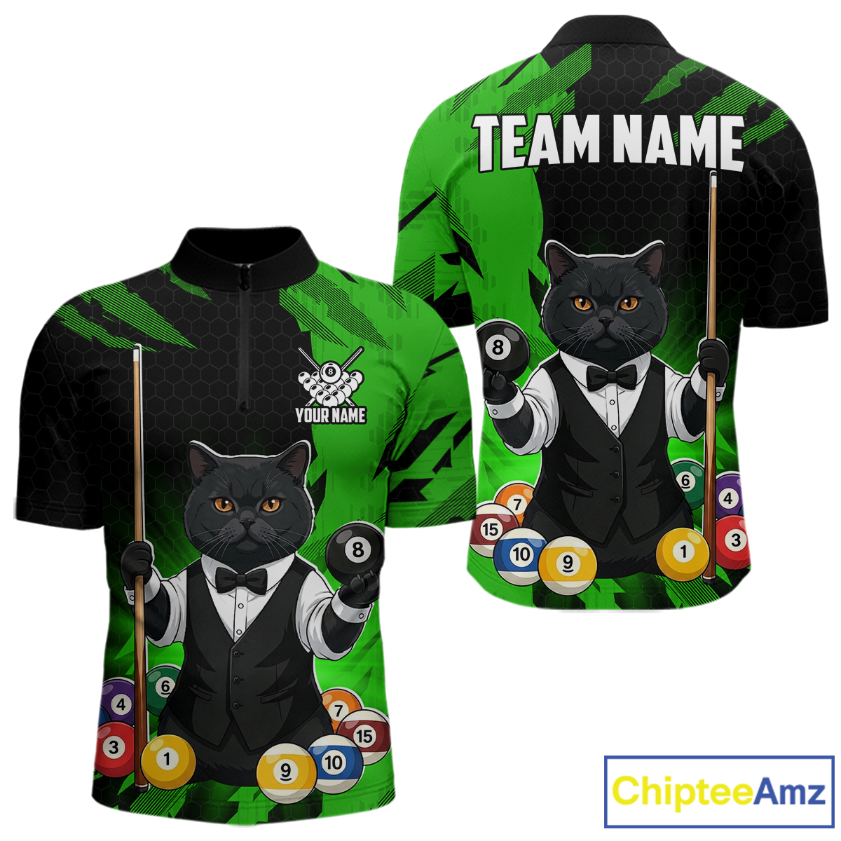 Custom Black Cat 8 Ball Pool Shirts Green Billiard Shirt for Men Billiard Team Jersey Billiard Gift NNT181