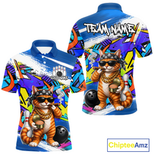 Load image into Gallery viewer, Colorful polo shirt with a cat graphic and 'Team Name' text on a white background