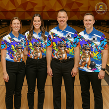 Load image into Gallery viewer, Four people wearing colorful bowling shirts with a cat design on a bowling alley.