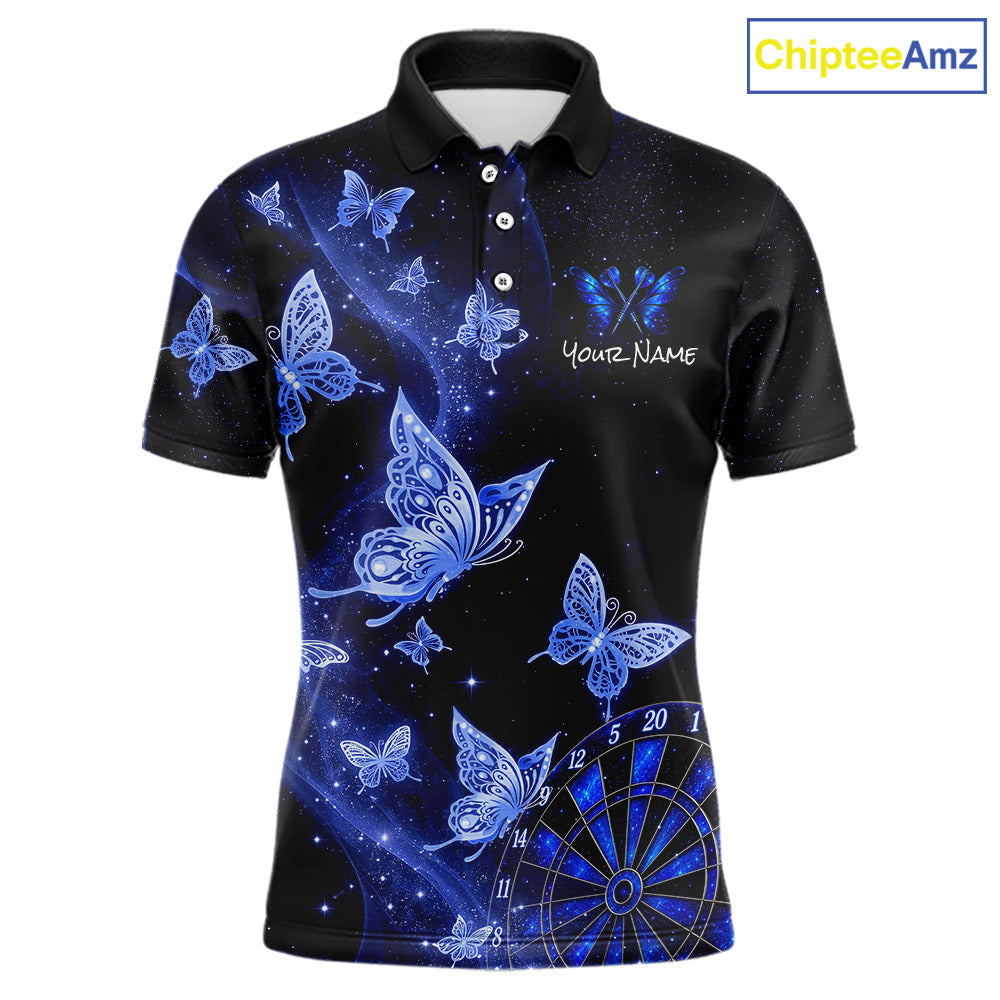 A black short-sleeve polo shirt with a blue and white butterfly and starry galaxy print, featuring a customizable name placeholder on the chest and a dartboard graphic near the hem. The ChipteeAmz logo is visible in the top right corner.
