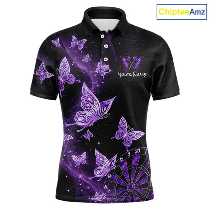 A black short-sleeve polo shirt with a purple and violet butterfly and starry galaxy print, featuring a customizable name placeholder on the chest and a ChipteeAmz logo in the top right corner.
