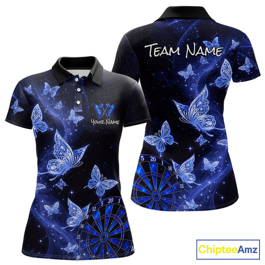 Custom short-sleeve polo shirt shown from the front and back, featuring a dark blue and black galaxy print with glowing blue butterflies, stars, and a dartboard graphic. The front has placeholder text 'Your Name' and 'Team Name' on the back and chest, and a 'ChipteeAmz' logo is visible in the bottom right corner.