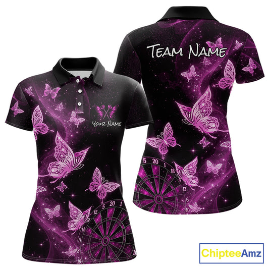 A women's short-sleeve polo shirt shown from the front and back on a white background. The shirt has a black base with a vibrant purple and pink galaxy print featuring glowing butterflies, stars, and a dartboard graphic.