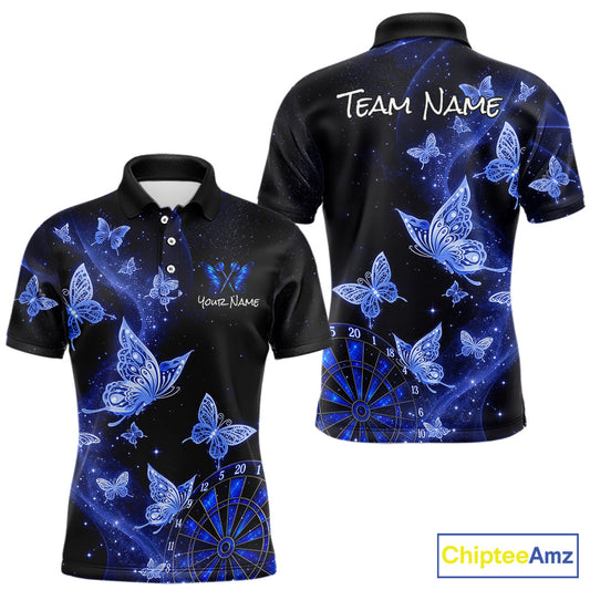 Custom short-sleeve polo shirt shown from front and back on a white background. The shirt features a black base with a blue cosmic pattern of stars, glowing butterflies, and a blue dartboard design.