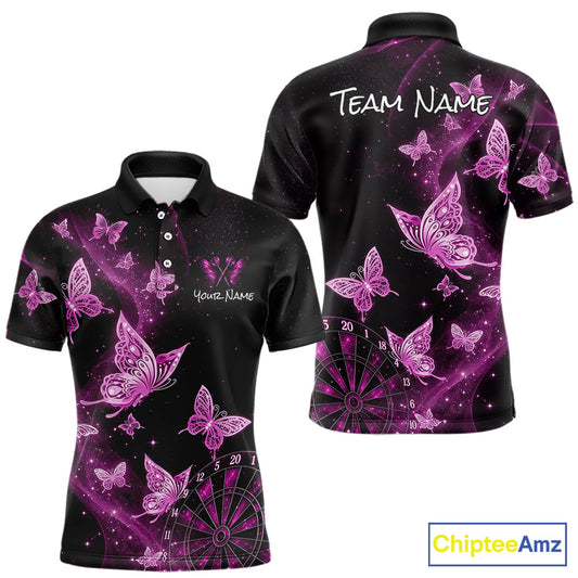 Black short-sleeve polo shirt with a purple and pink butterfly and dartboard print, shown from both front and back views on a white background with a ChipteeAmz logo in the corner.
