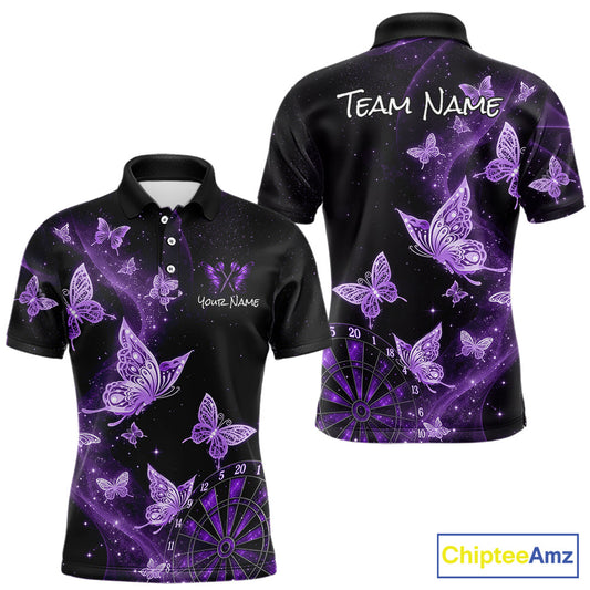 Black short-sleeve polo shirt with a purple and violet butterfly and dartboard graphic print, shown from both front and back views on a white background. Features customizable text placeholders and a ChipteeAmz logo in the bottom right corner.