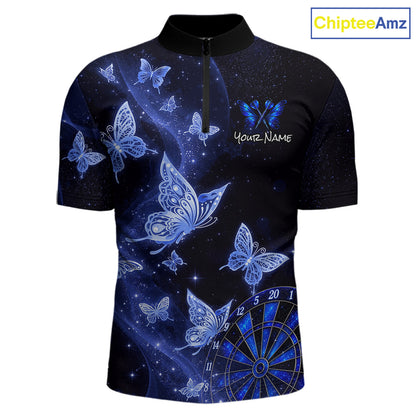 A short-sleeve cycling jersey with a black collar and a dark blue galaxy print featuring glowing blue butterflies, stars, and a dartboard graphic. The front has a mock zip closure and a customizable text placeholder reading 'Your Name'.