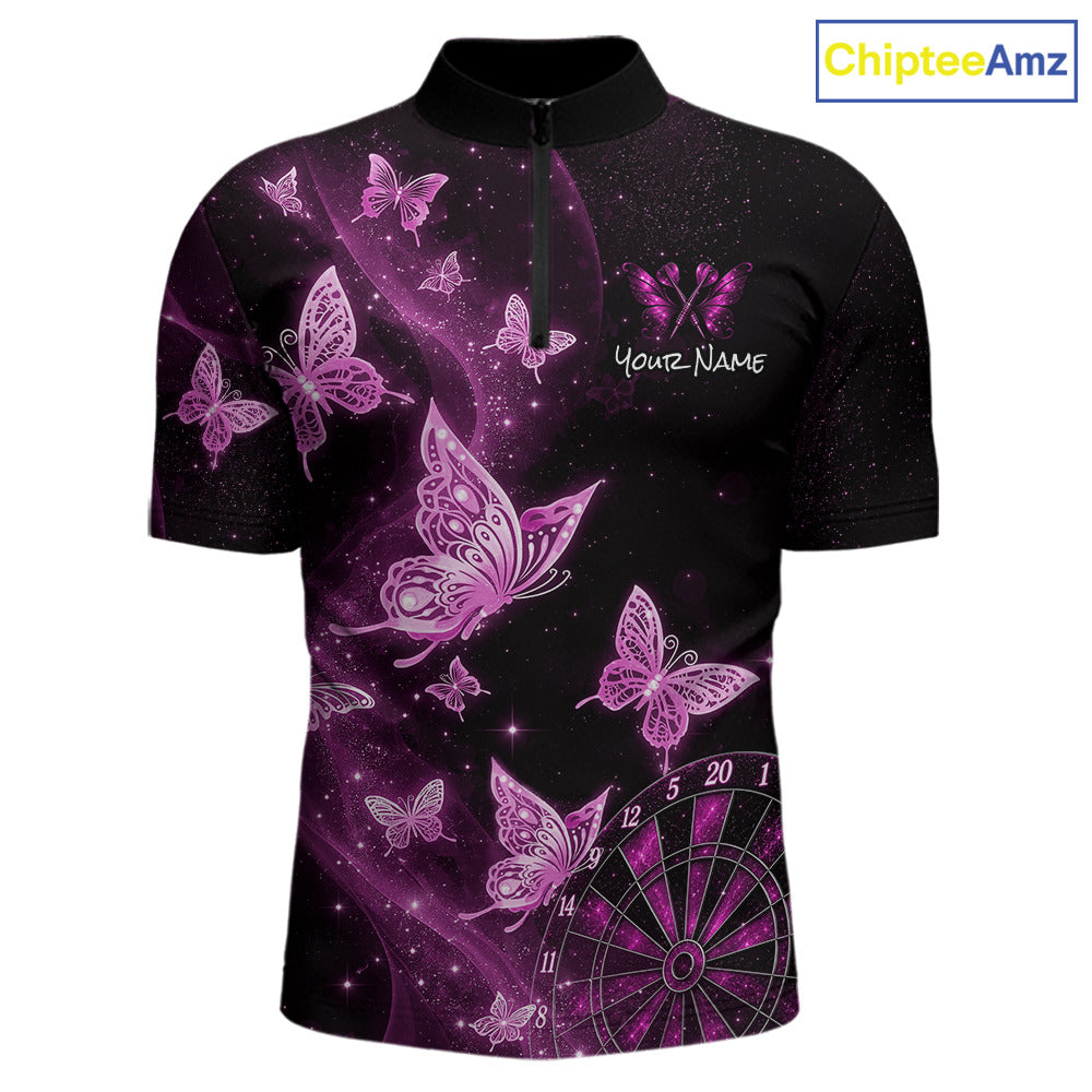 A short-sleeve cycling jersey with a black base featuring a vibrant purple and pink butterfly and starry galaxy print, a white zipper at the collar, and a customizable name placeholder on the chest. The ChipteeAmz logo is visible in the top right corner.