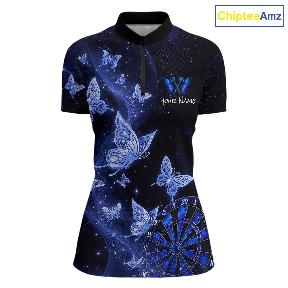 A women's short-sleeve polo shirt with a black collar and a blue galaxy/butterfly print, featuring a mock zip and a customizable name placeholder on the chest. A 'ChipteeAmz' logo is visible in the top right corner.