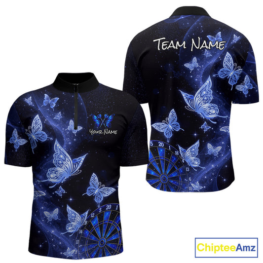 Custom short-sleeve quarter-zip polo shirt shown from the front and back, featuring a blue and black galaxy print with white butterflies, stars, and dartboard graphics. The front has placeholder text 'Your Name' and 'TEAM NAME' on the back.