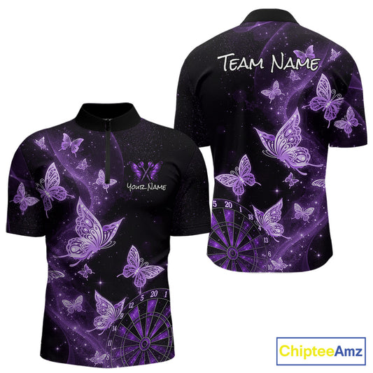 Front and back views of a black short-sleeve polo shirt with a purple and pink butterfly and starry galaxy print, featuring customizable text placeholders 'TEAM NAME' and 'Your Name' on a white background.