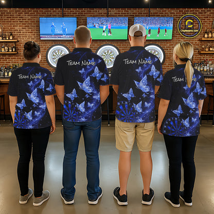 Four people standing with their backs to the camera in a bar setting, wearing matching dark navy blue short-sleeve shirts with a blue butterfly print and 'Team Name' printed across the back.