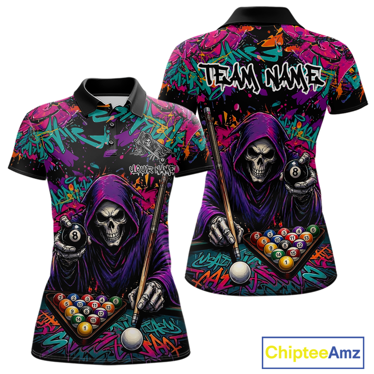 Custom Graffiti Grim Reaper 8 Ball Billiard Shirt for Women Billiard Team Jersey Billiard League NNT186