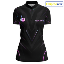 Load image into Gallery viewer, Black bowling shirt with colorful design and 'Your Name' text on a white background, branded with ChipteeAmz.