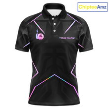 Load image into Gallery viewer, Black polo shirt with colorful accents and a logo on a white background, branded 'ChipteeAmz'.