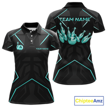 Load image into Gallery viewer, Black bowling team shirt with teal graphics and text, featuring 'Chiptee Amz' branding.