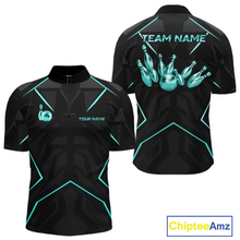 Load image into Gallery viewer, Black bowling shirt with teal accents and 'Team Name' text on a white background