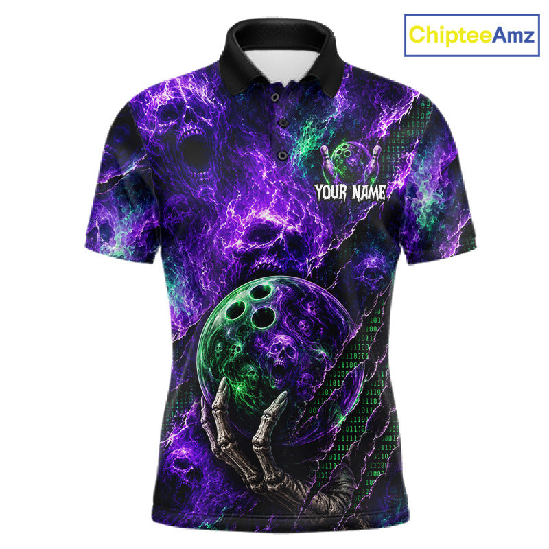 A short-sleeve polo shirt with a black collar and a vibrant purple, green, and black cosmic skull design, featuring a bowling ball graphic and skeleton hand, with 'YOUR NAME?' printed on the chest. A 'ChipteeAmz' logo is visible in the top right corner.