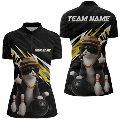 Custom Yellow Funny Cat Bowling Jersey for Women Bowling Shirt Polo & 1/4 Zip Bowling Team Shirts HNT136