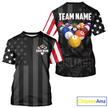 Load image into Gallery viewer, Two black t-shirts with American flag design and pool ball graphics, featuring 'Team Name' and 'Your Name' text.