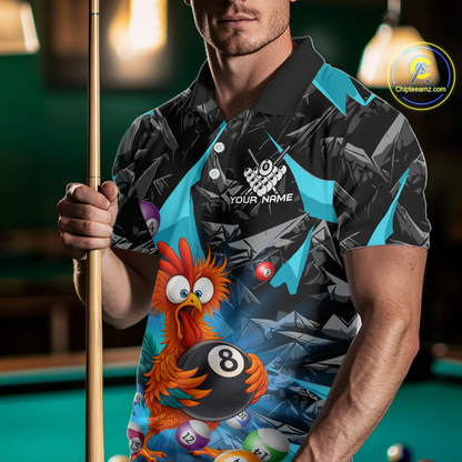 Custom Funny Turquoise Chicken 8 Ball Pool Billiard Shirt for Men Polo & 1/4 Zip, Billiard Team Jerseys NNT148