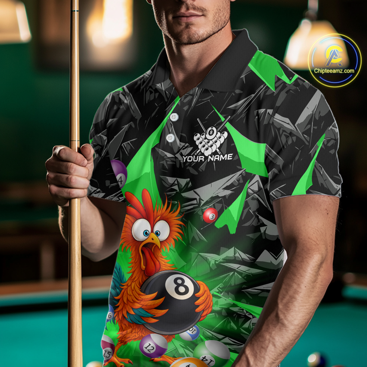 Custom Funny Green Chicken 8 Ball Pool Billiard Shirt for Men Polo & 1/4 Zip, Billiard Team Jerseys NNT148