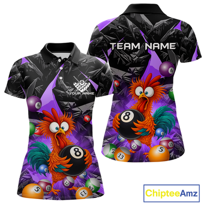 Custom Funny Purple Chicken 8 Ball Pool Billiard Shirt for Women Polo & 1/4 Zip, Billiard Team Jerseys NNT148