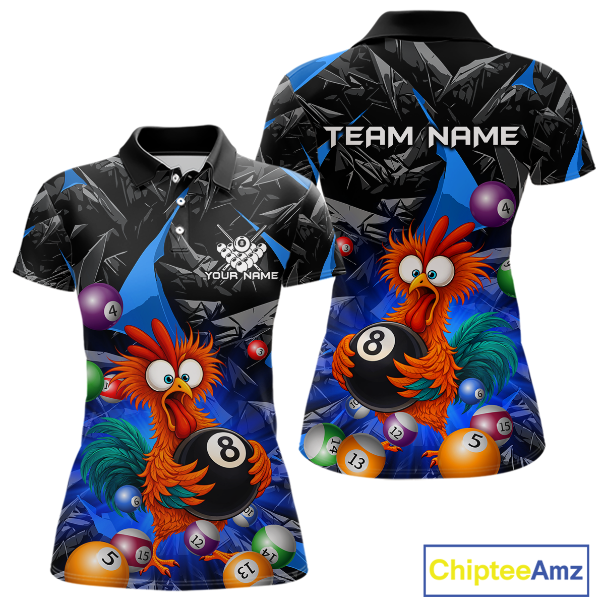 Custom Funny Blue Chicken 8 Ball Pool Billiard Shirt for Women Polo & 1/4 Zip, Billiard Team Jerseys NNT148