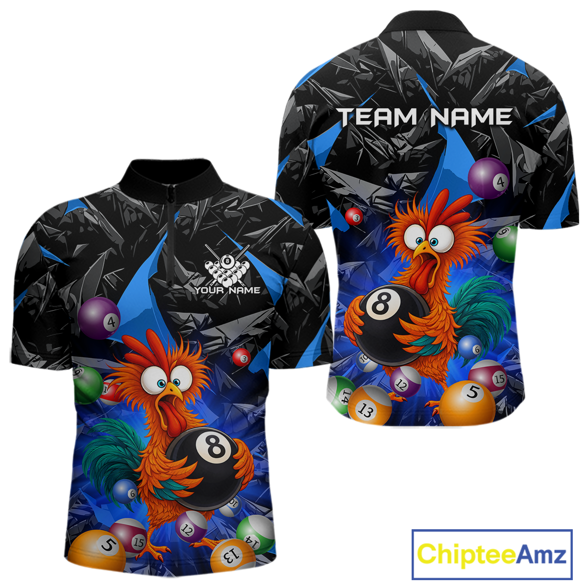 Custom Funny Blue Chicken 8 Ball Pool Billiard Shirt for Men Polo & 1/4 Zip, Billiard Team Jerseys NNT148