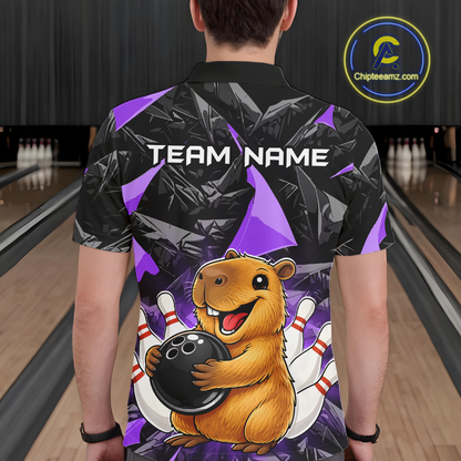 Custom Purple Capybara Bowling Jersey for Men Bowling Team Shirts Bowling Polo & 1/4 Zip HNT255