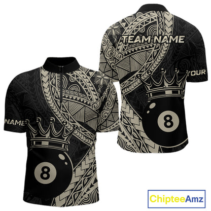 Men’s fitted quarter zip dress in black and gold tones with layered Polynesian-style designs, abstract geometric textures, and a large crowned 8-ball centerpiece.