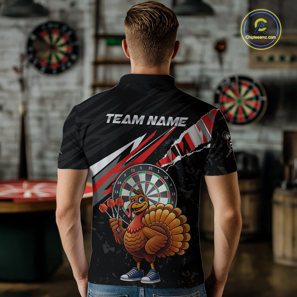 Red Funny Turkey Chicken Darts Shirt for Men Darts Team Jerseys Polo & 1/4 Zip Dart League NNT130