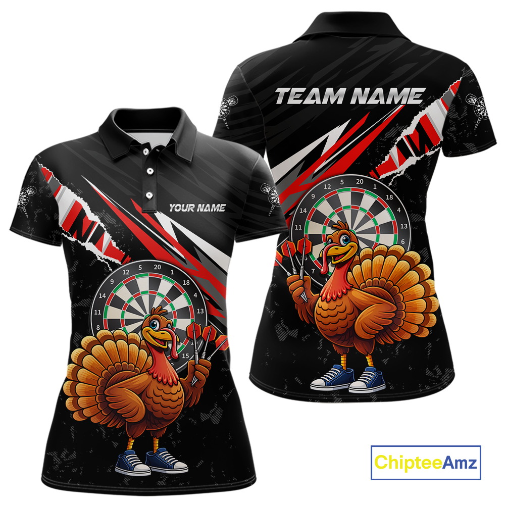 Red Funny Turkey Chicken Darts Shirt for Women Darts Team Jerseys Polo & 1/4 Zip Dart League NNT130
