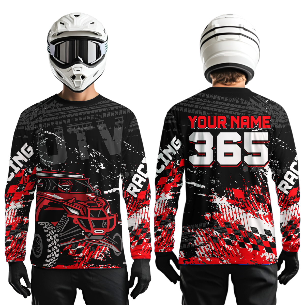 Men wearing personalized racing shirt with an off-road vehicle integrated into tire track patterns, racing graphics, and custom name details.