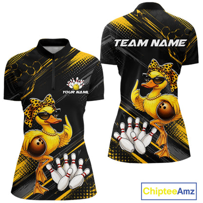Bowling-themed shirts with a duck design and customizable text on a white background.