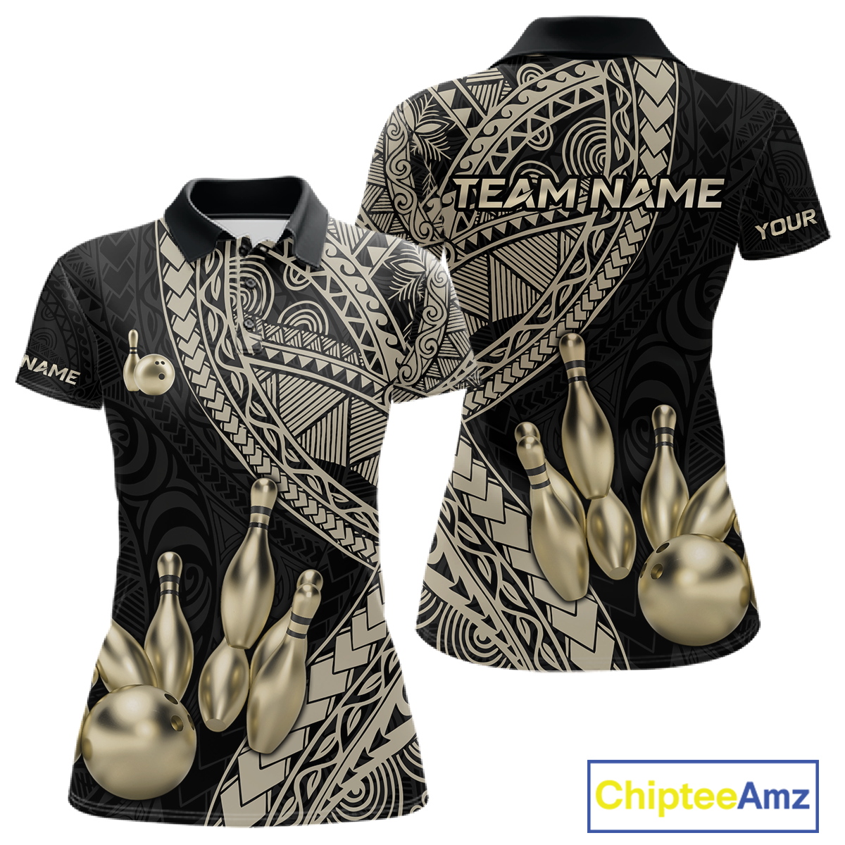 Black and Gold Tribal Pattern Bowling Jersey for Women Bowling Uniform Bowling Team Shirts HNT225