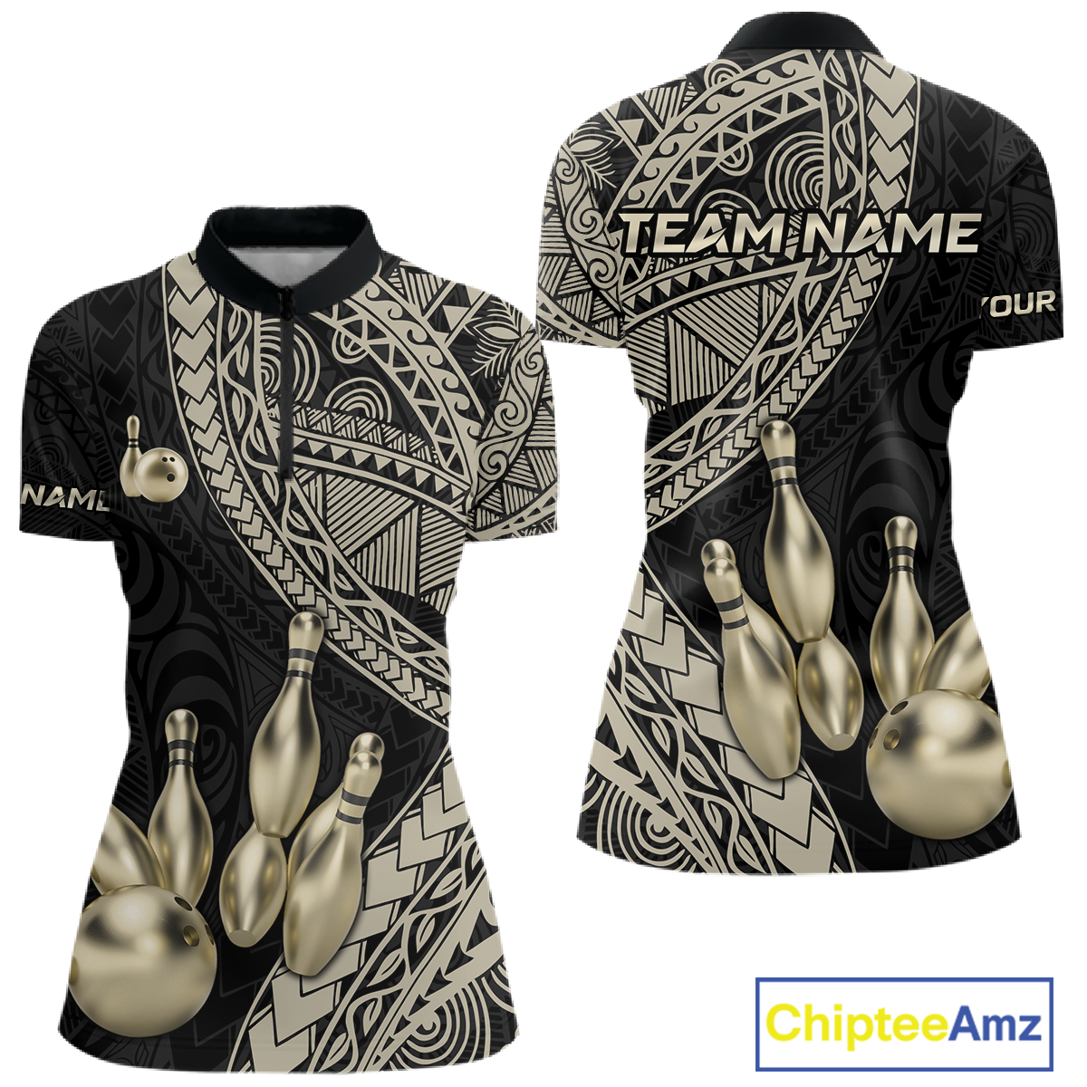 Black and Gold Tribal Pattern Bowling Jersey for Women Bowling Uniform Bowling Team Shirts HNT225