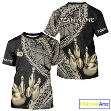 Load image into Gallery viewer, Bowling-themed t-shirt with tribal design and customizable text on a white background
