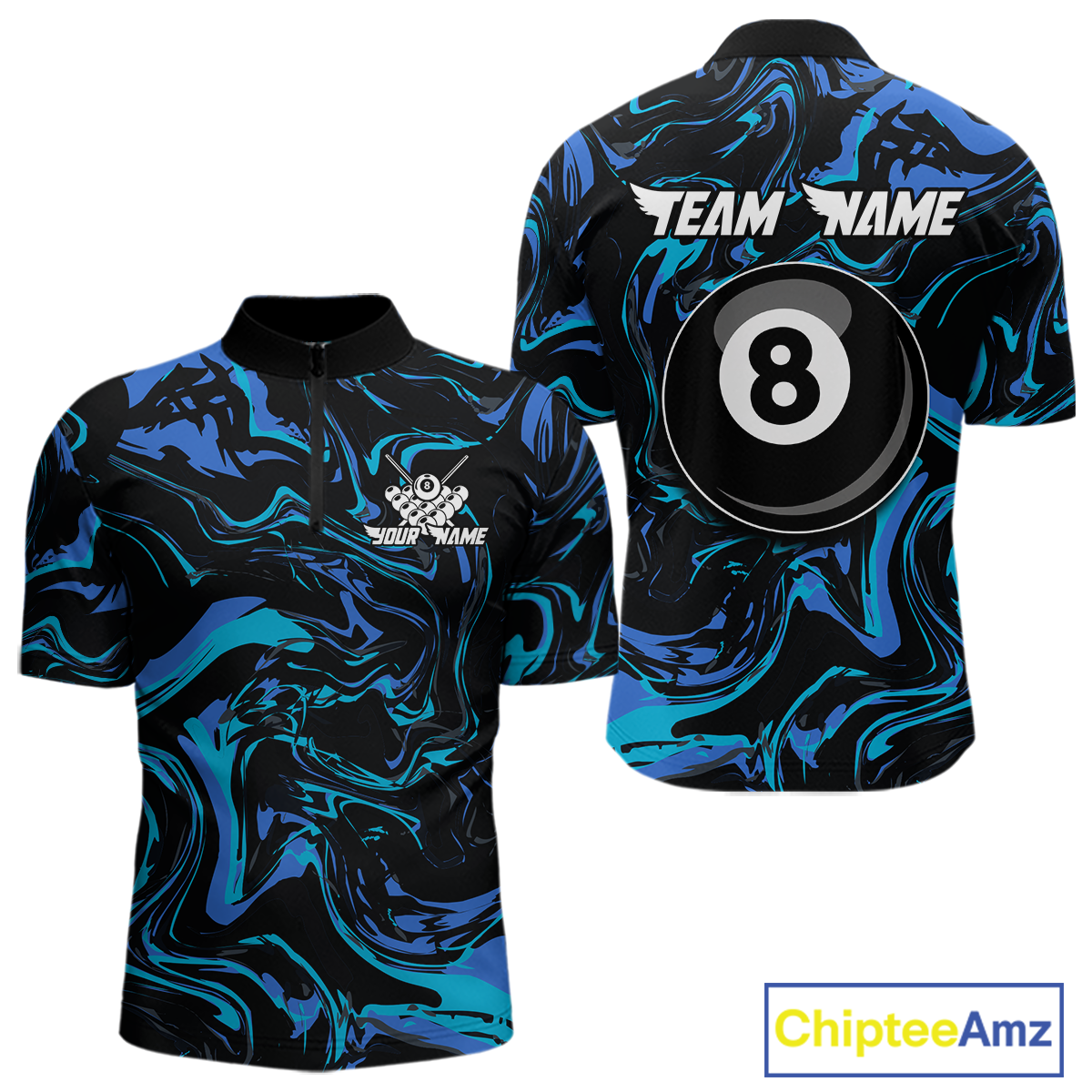 Front and back views of a men’s black billiards quarter zip with turquoise and teal marble patterns, custom team text, and a large 8-ball graphic on the back.