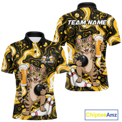 A short-sleeve polo shirt shown from both front and back, featuring a cartoon cat bowling with beer glasses, on a black and yellow abstract background. The front has a small 'YOUR NAME' placeholder print, and the back has 'TEAM NAME' placeholder text.