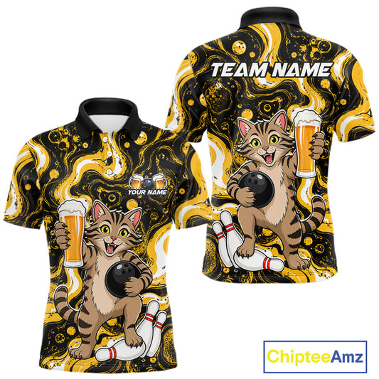 A short-sleeve polo shirt shown from both front and back, featuring a cartoon cat bowling with beer glasses, on a black and yellow abstract background. The front has a small 'YOUR NAME' placeholder print, and the back has 'TEAM NAME' placeholder text.