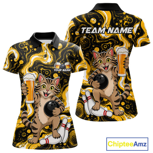 A short-sleeve polo shirt shown from the front and back, featuring a cartoon tabby cat bowling with beer glasses and bowling pins on a black and yellow marbled background. The front has placeholder text reading 'YOUR NAME', and the back has 'TEAM NAME'.