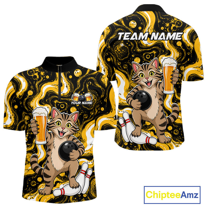 A short-sleeve collared shirt shown from the front and back, featuring a cartoon tabby cat bowling with foam beer mugs, white bowling pins, and a black-and-yellow swirling abstract background. The front has small placeholder text, and the back has large 'TEAM NAME' text.